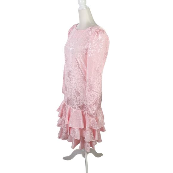 Vintage 80s Diane Von Furstenberg Light Pink Satin Floral Drop Waist Party Dress - Picture 3 of 5